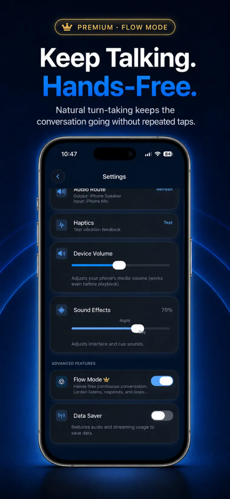 Lordan Premium Flow Mode settings screen