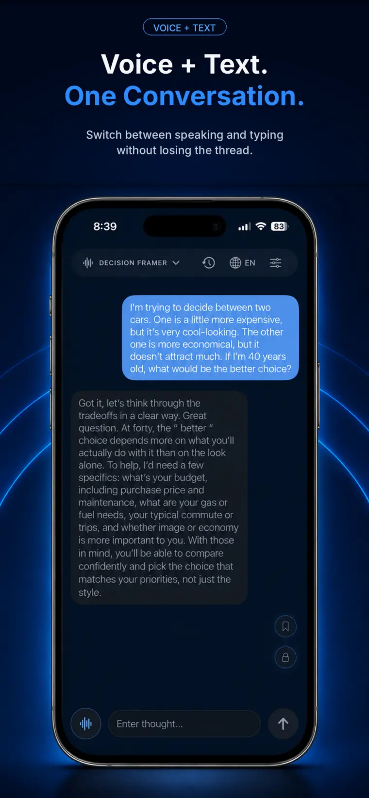 Lordan voice and text conversation screen